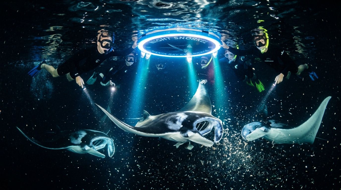 Manta rays illuminated during a Kona night snorkel